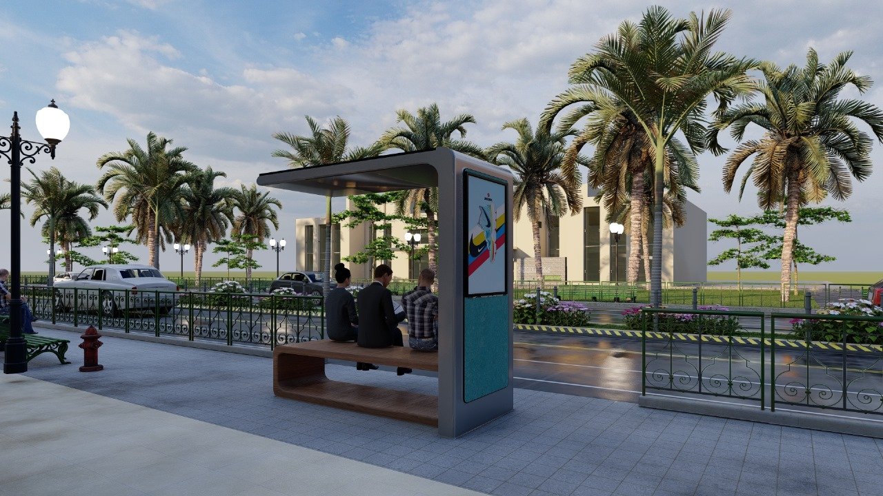 AI Smart Solar Bench installed as a shaded roadside shelter with integrated digital display and solar canopy, people seated underneath