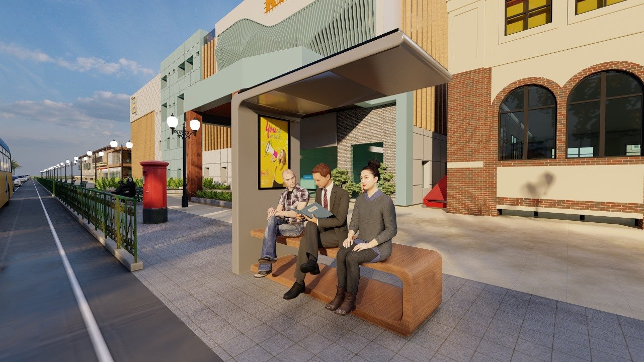 AI Smart Solar Bench installed outside a retail frontage, three people seated under the solar canopy reading and talking