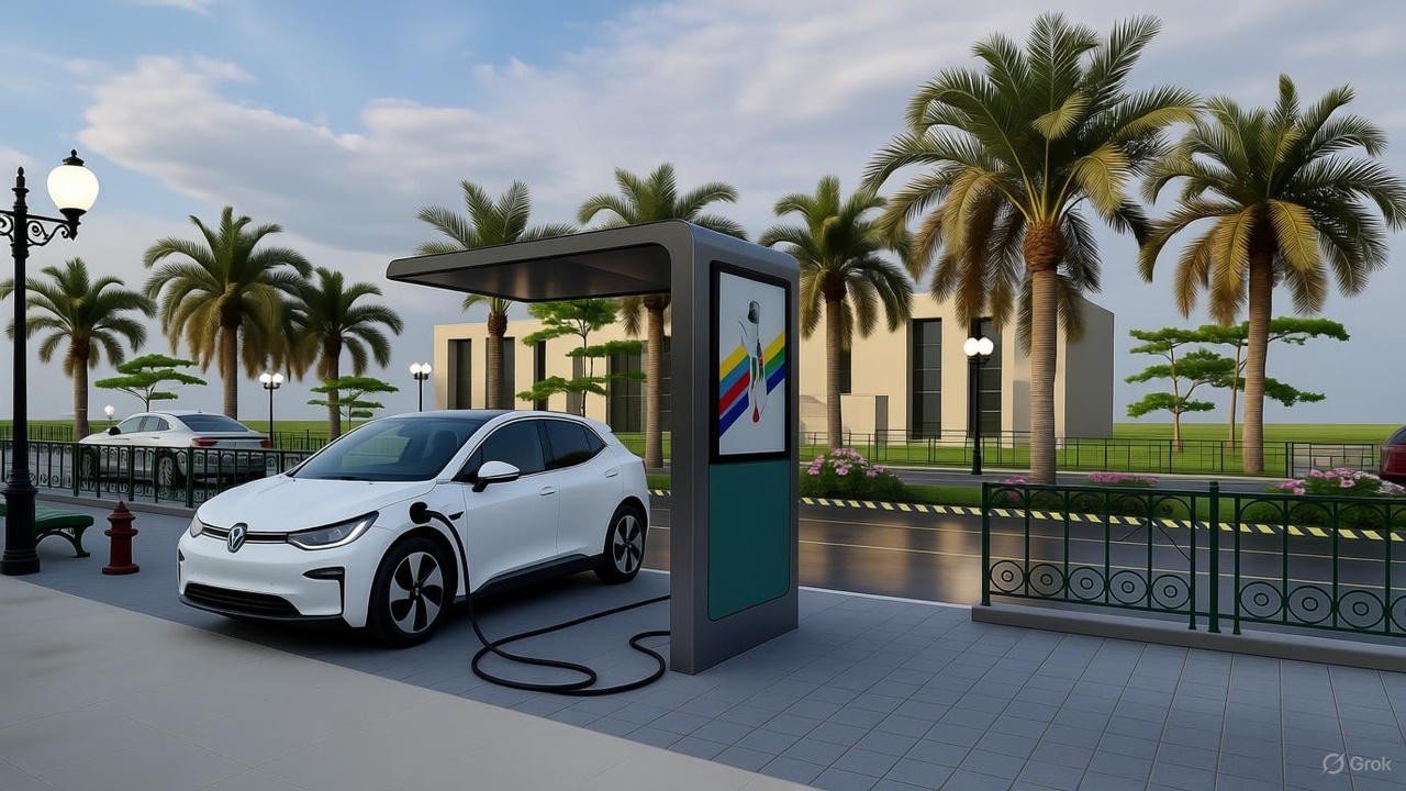 The same solar kiosk column on a palm-lined boulevard, configured as a slim standalone unit without the bench module, with an electric car charging alongside it