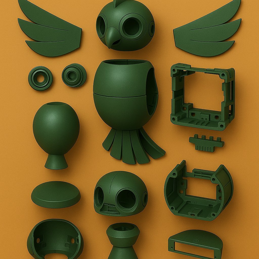 Exploded component view of the AI Smart Robotic Totem showing its wings, head shell, body housing, internal sensor mounts, and pedestal base laid out separately