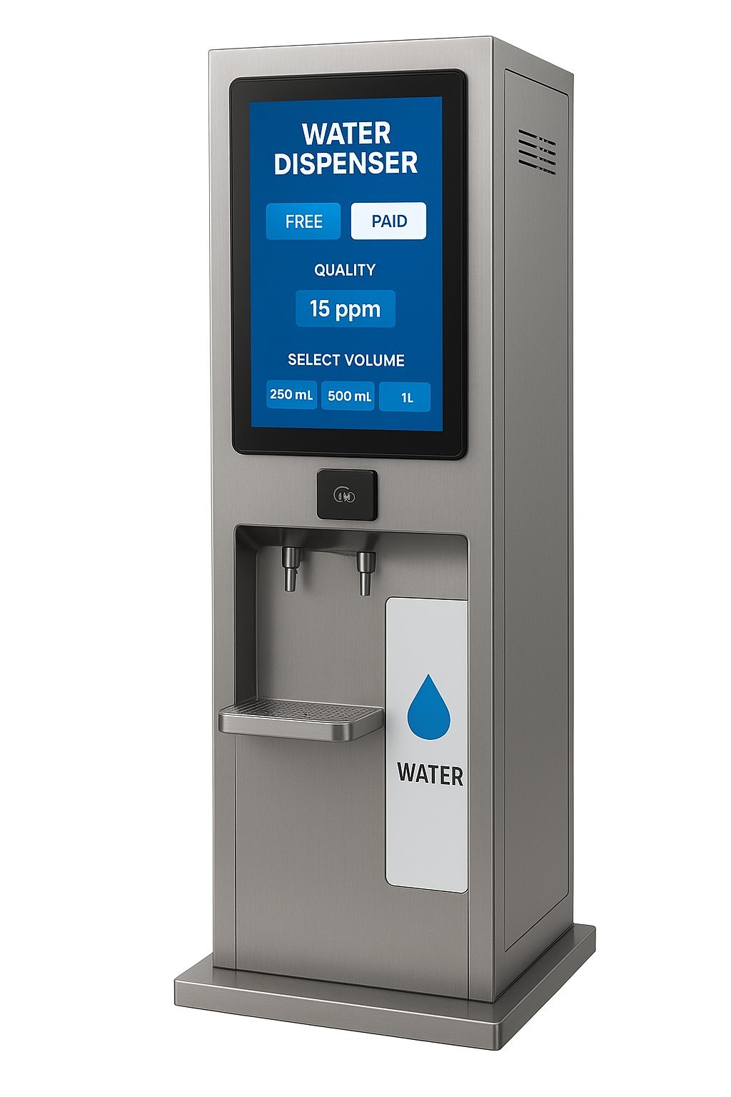 Smart Water Station concept render: a floor-standing kiosk with a touchscreen showing free/paid dispensing modes, a live water-quality reading in parts per million, and 250ml/500ml/1L volume selection, with a dispensing tap and drip tray below