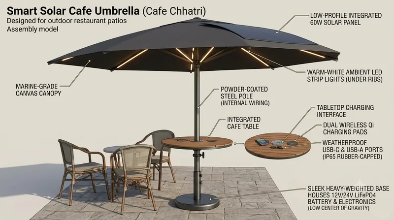 Annotated concept of a solar café umbrella