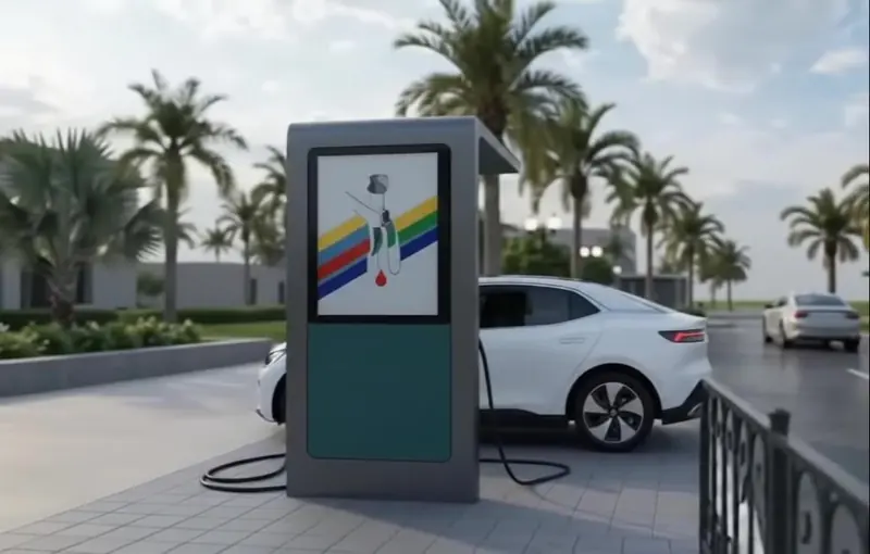 EV charging station concept with a digital display on a palm-lined street