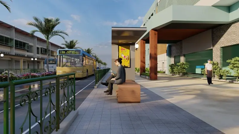 Concept render of a commuter canopy bench at a transit stop