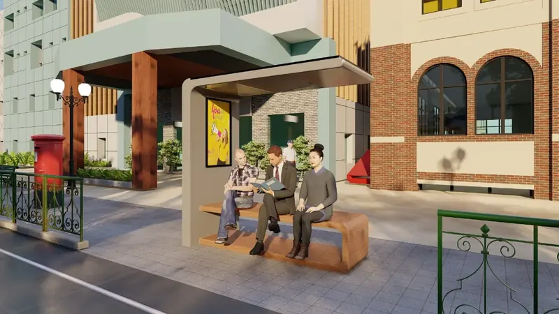 Concept render of a curved-seating smart bench with canopy