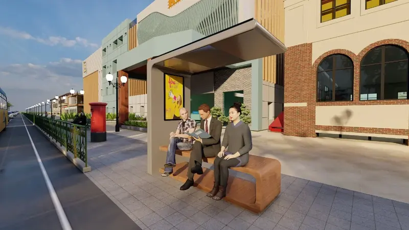 Concept render of a smart bench with canopy on a heritage boulevard