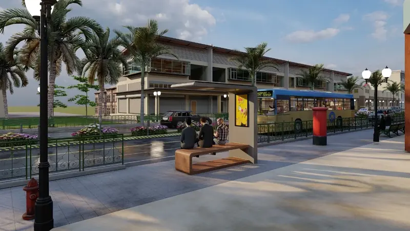 Concept render of a smart bench with canopy on a palm-lined boulevard