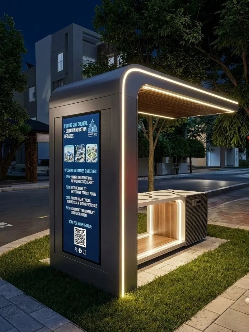 Smart bench node at night with illuminated edge lighting and information panel
