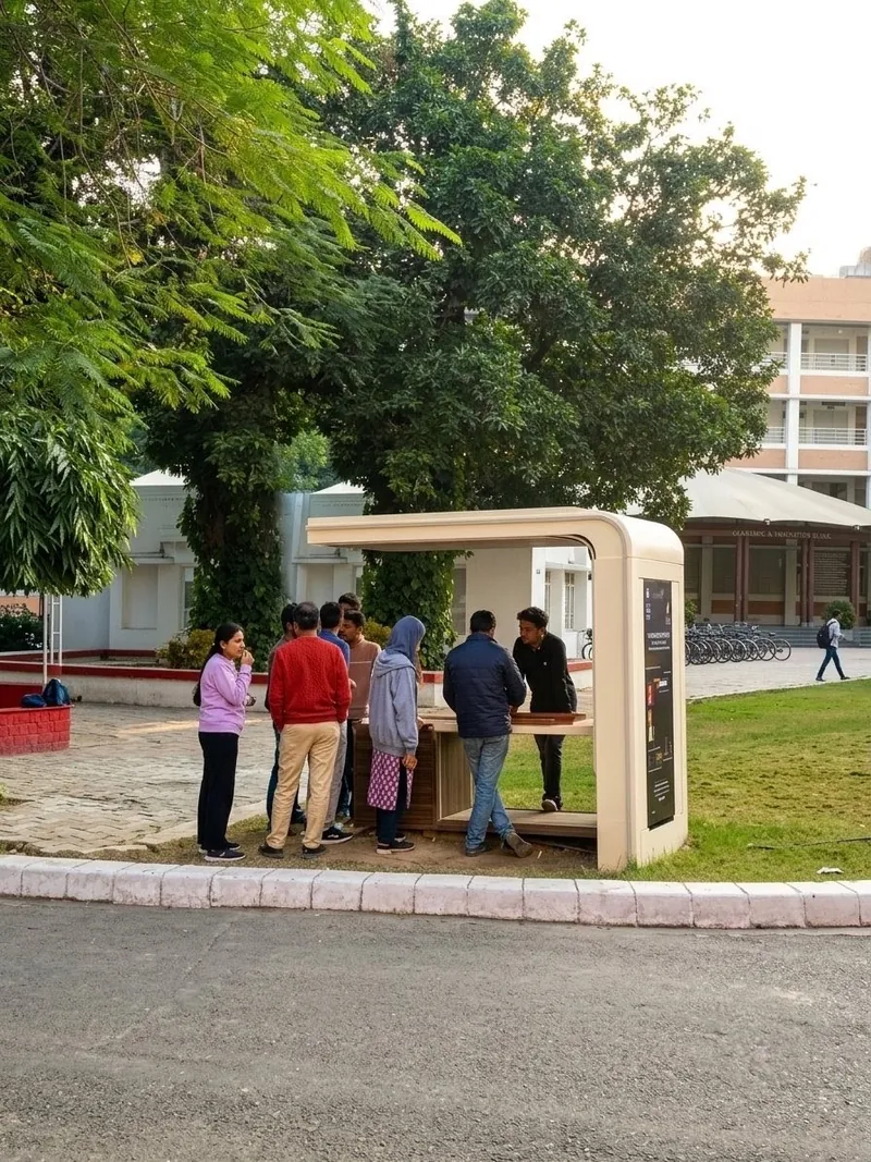 Visitors at the pilot bench in daylight