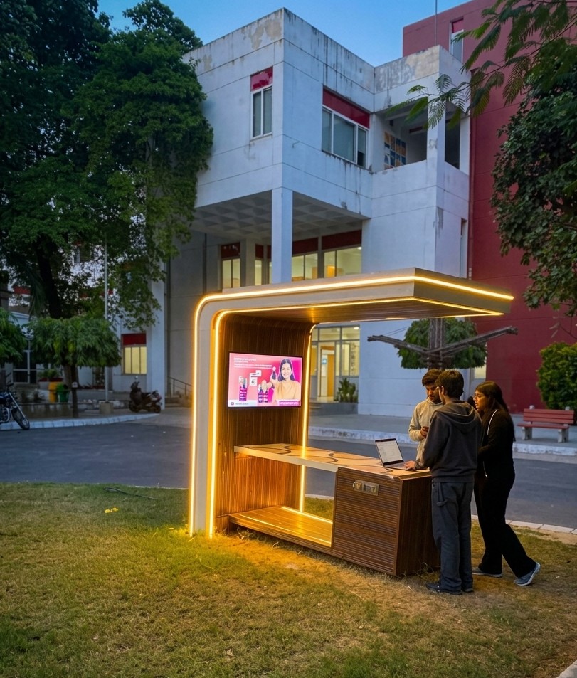 Smart Solar Bench at dusk with display and visitors