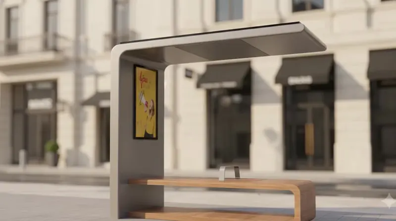Smart solar bench with display on an urban street