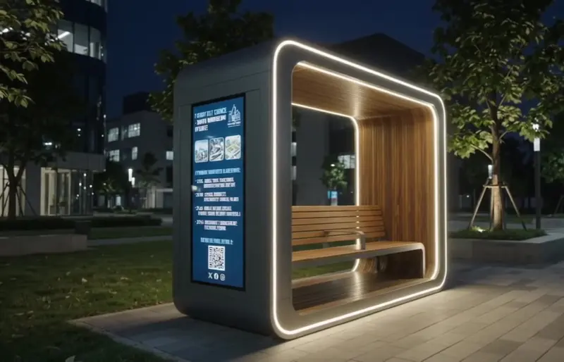 Smart bench with illuminated frame at night