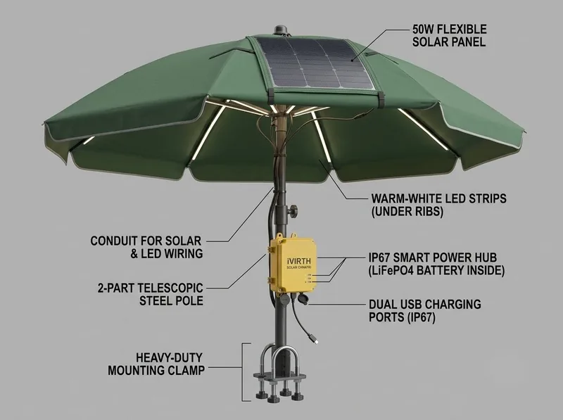 Annotated diagram of a solar street umbrella with flexible solar panel, LED strips and USB ports