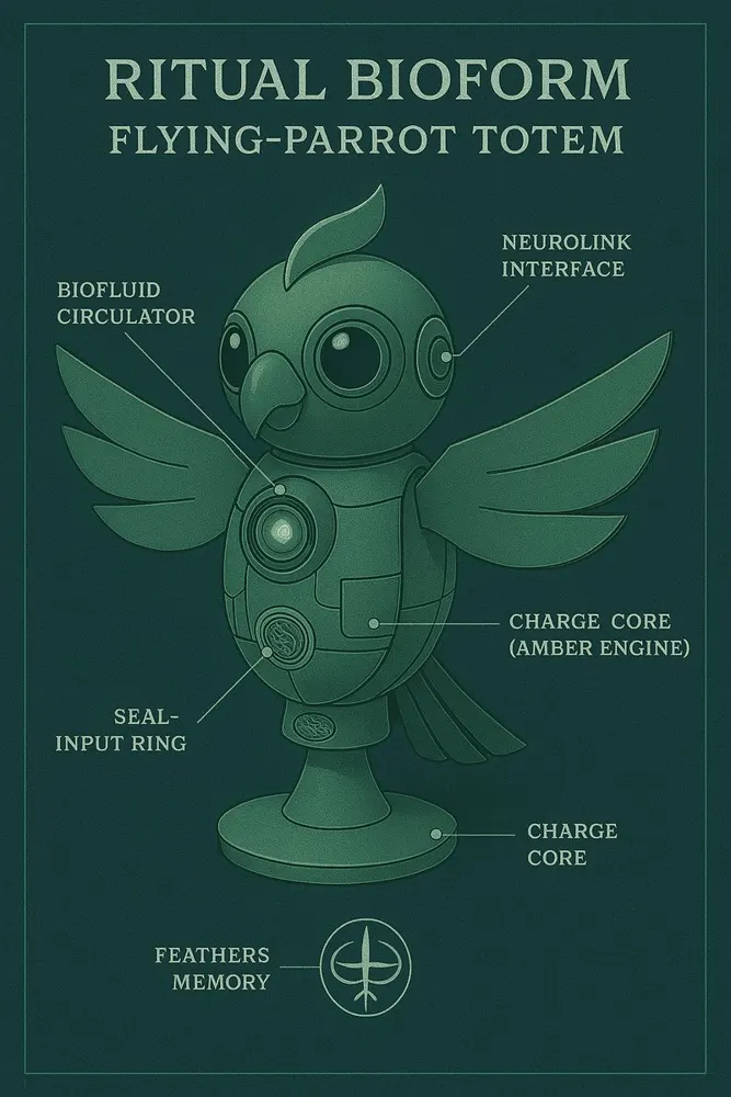 Blueprint-style poster of a flying-parrot totem with labelled components