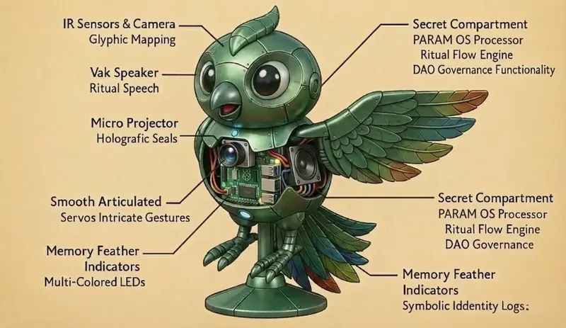 Annotated cutaway diagram of the owl totem showing sensors, speaker, projector and compartments