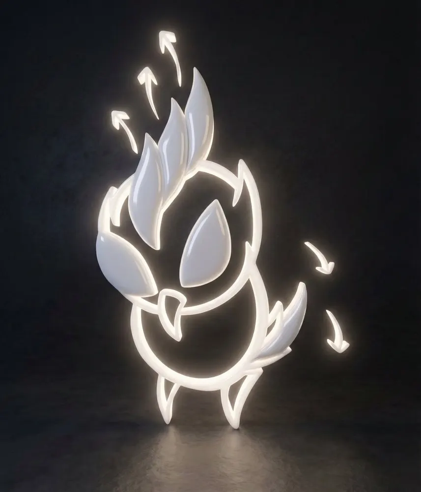 Glowing white line-art totem character on a dark background
