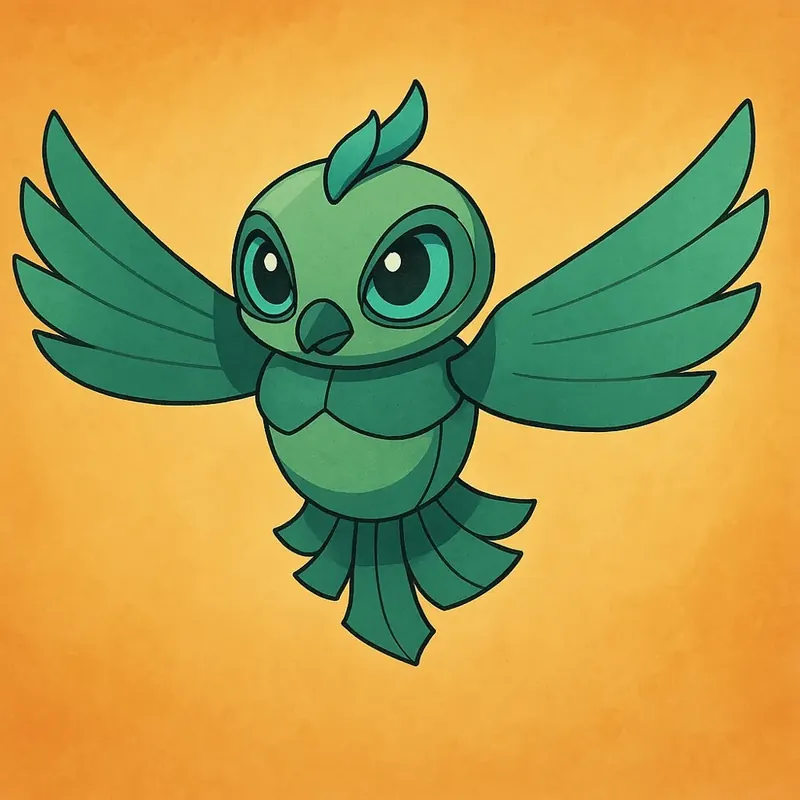 Illustrated green winged totem character on an orange background