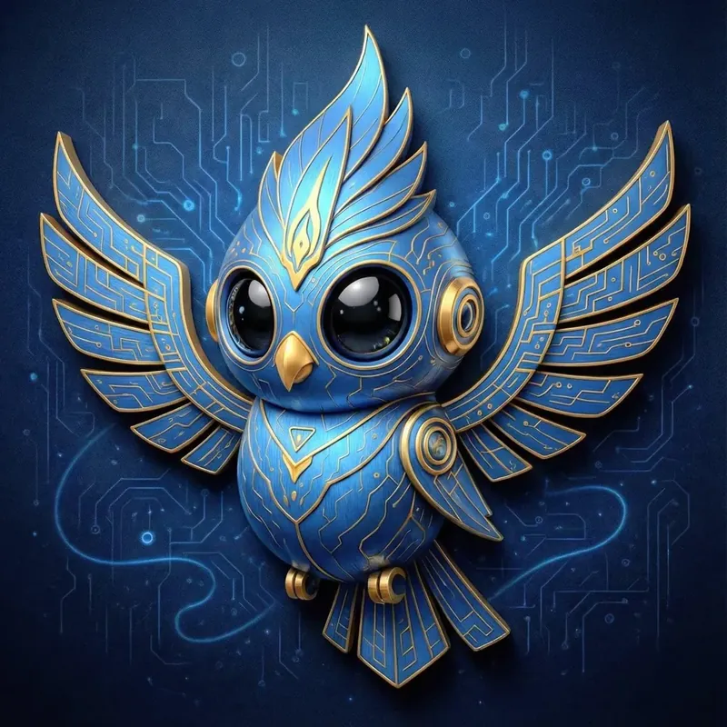Illustrated blue circuit-patterned winged totem character
