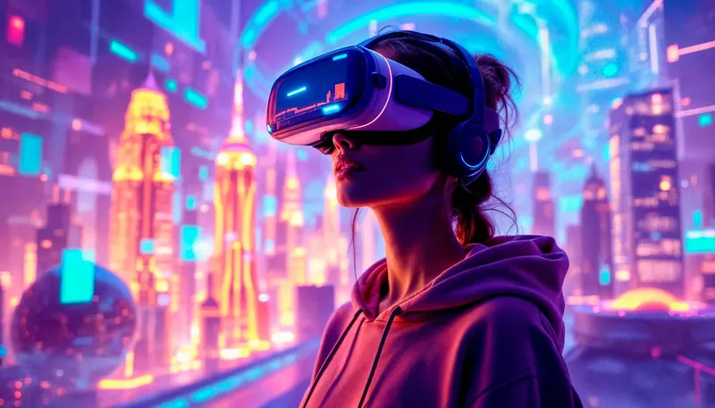Illustration of a person in a headset in a futuristic city